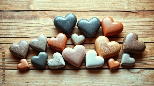 A collection of polished stone hearts in various sizes sit atop a distressed wooden planked background, emitting a photo