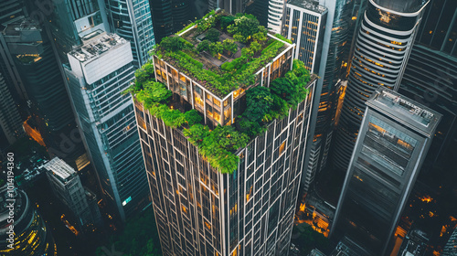 A skyscraper with a rooftop garden providing a green oasis in the city