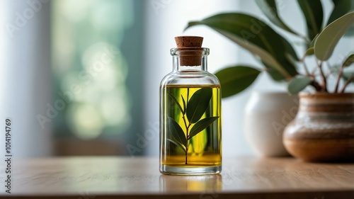 Aesthetic bottle of eucalyptus oil on a white themed living room with astonishing details background