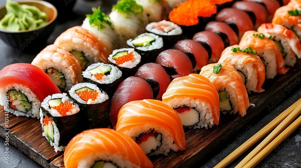 An assortment of fresh sushi rolls on a wooden platter with chopsticks and a bowl of wasabi. An assortment of fresh sushi rolls on a wooden platter with chopsticks and a bowl of wasabi.
