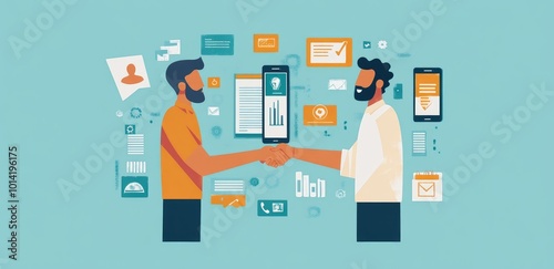 Two men shaking hands with a mobile phone in between, surrounded by tech icons, symbolizing business partnership or technology collaboration.