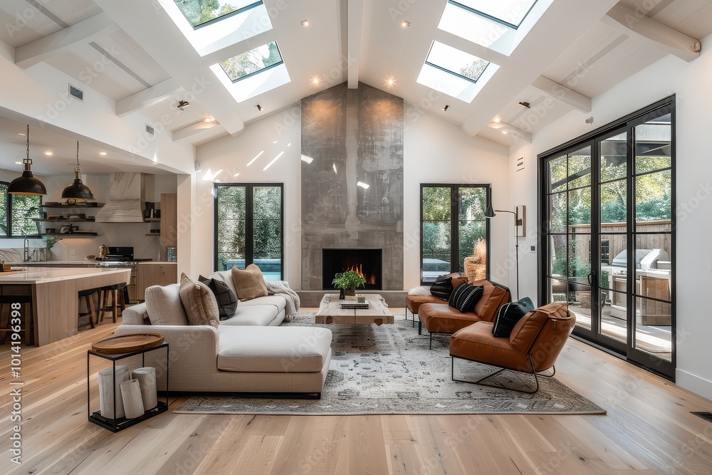 Large Open Concept Living Room with Concrete Fireplace, White Walls, Black Windows, Wood Floors, Modern Furniture, Skylight Natural Light Large Open Concept Living Room with Concrete Fireplace, White Walls, Black Windows, Wood Floors, Modern Furniture, Skylight Natural Light