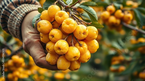 A harvest scene captures the fleeting sweetness of golden-yellow plum clusters held reverently by a farmer's gentle photo