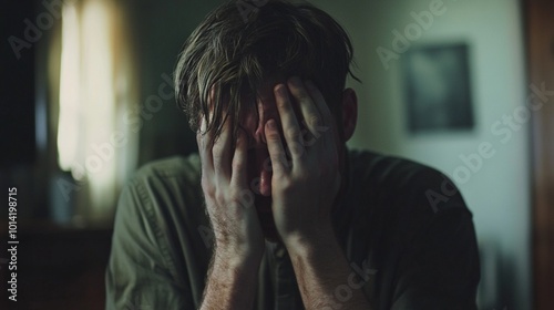 Emotional distress captured in dimly lit room: man covers face with hands, conveying deep sorrow or despair. Green tones emphasize melancholy atmosphere.