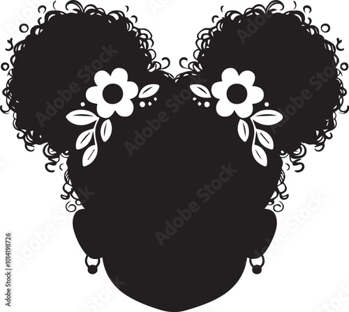 American Baby Head Vector, Black Brown African American little small girl outline face portrait,Two puffs ponytails with flowers on her head.