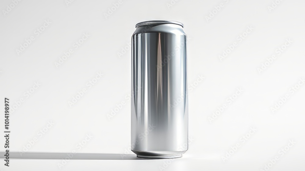 A sleek and silver aluminum can stands upright on a pristine white background, its metallic body reflecting a A sleek and silver aluminum can stands upright on a pristine white background, its metallic body reflecting a