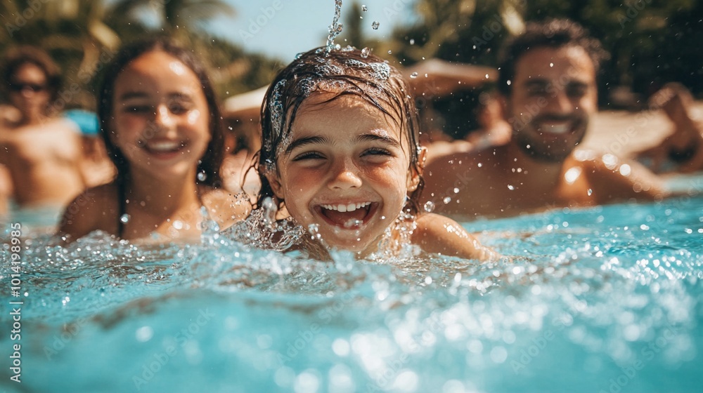 Joyful summer memories: children splashing and laughing in a sparkling blue pool, their faces beaming with pure happiness as water droplets dance in the sunlight. Joyful summer memories: children splashing and laughing in a sparkling blue pool, their faces beaming with pure happiness as water droplets dance in the sunlight.