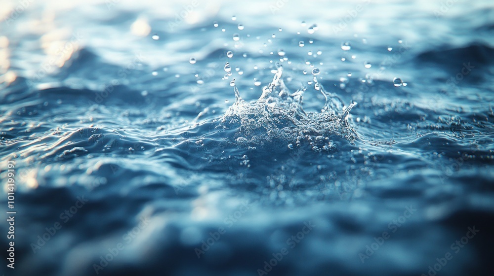 Close-up of water droplets splashing on a serene water surface. Close-up of water droplets splashing on a serene water surface.