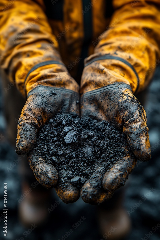 Gloved hands hold black coal. Gloved hands hold black coal.