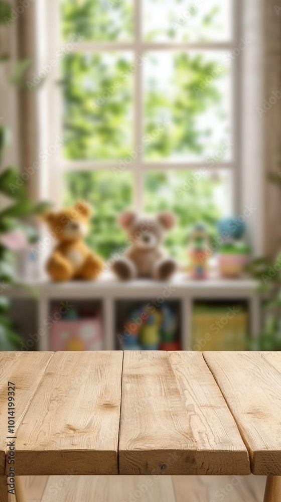 Rustic wooden table in foreground with blurred children's room background, featuring stuffed animals on shelves and a bright window view of greenery. Rustic wooden table in foreground with blurred children's room background, featuring stuffed animals on shelves and a bright window view of greenery.