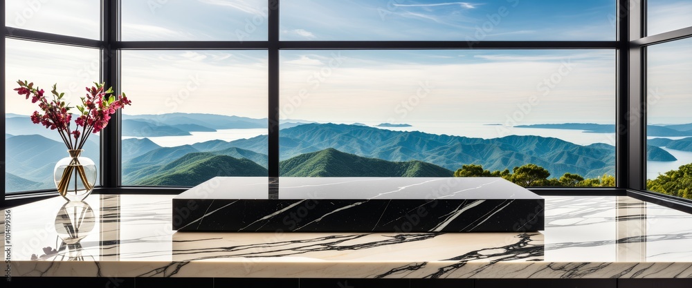 Obraz premium Black Marble Tabletop on Panoramic Window Background for Luxury Presentation