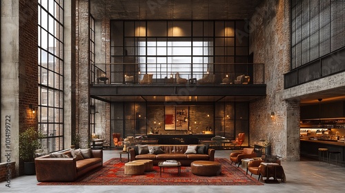 Industrial style loft apartment interior with high ceilings, large windows, and exposed brick walls.