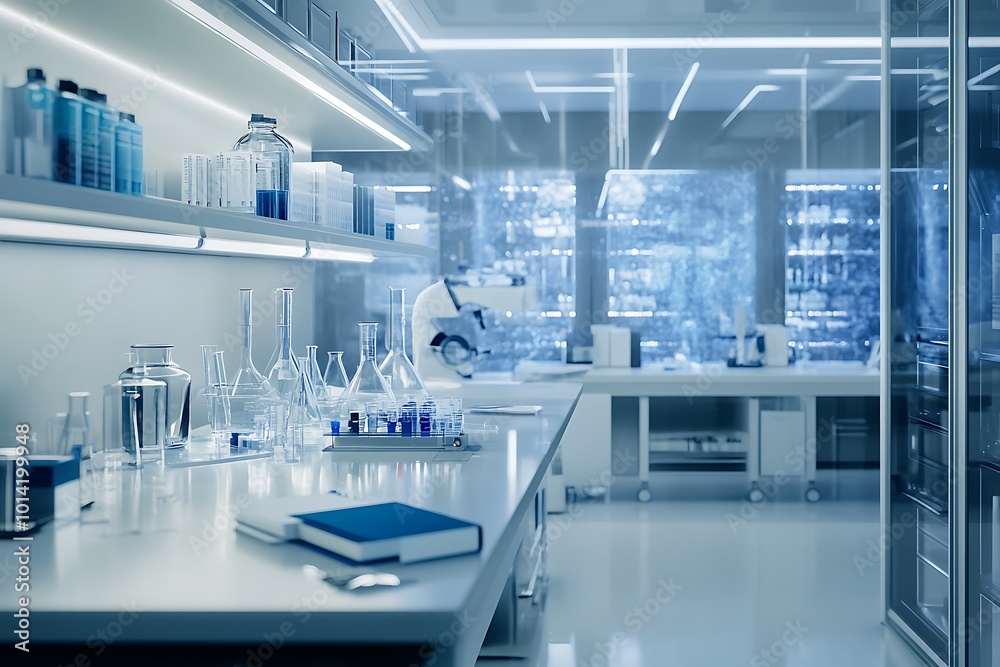 Laboratory workspace with glassware, a book, and a refrigerator Laboratory workspace with glassware, a book, and a refrigerator