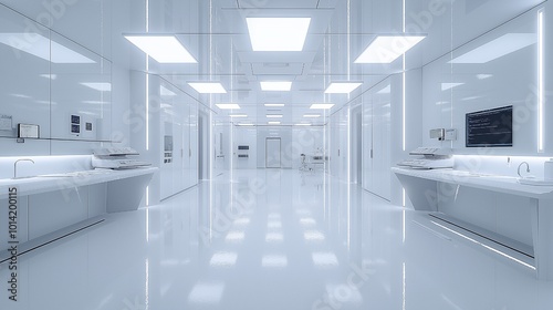 A spotless white lab with contemporary apparatus and vacant workstations, indicating preparedness for scientific and medical advancements in a cutting-edge setting