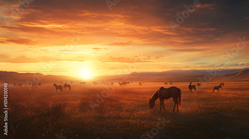 A serene sunset over a field of grazing horses