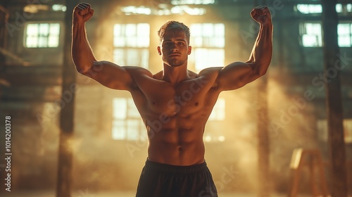 An athlete proudly raises his arms in triumph, demonstrating the highest level of physical prowess and commitment and signifying strength, accomplishment, and tenacity.