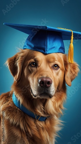 Golden Retriever in Blue Graduation Gown and Cap with Tassel