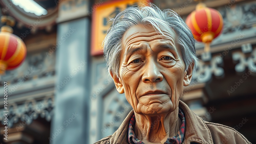 A warm-toned image of an elderly Asian man with gentle wisps of grey hair, wrinkled face and serene A warm-toned image of an elderly Asian man with gentle wisps of grey hair, wrinkled face and serene