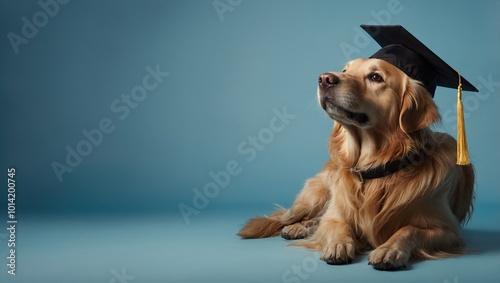 Golden Retriever in Graduation Cap and Gown with Diploma Attached to Collar
