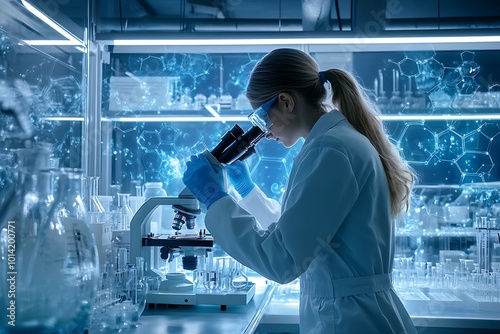 Female Scientist Using a Microscope in a Laboratory photo