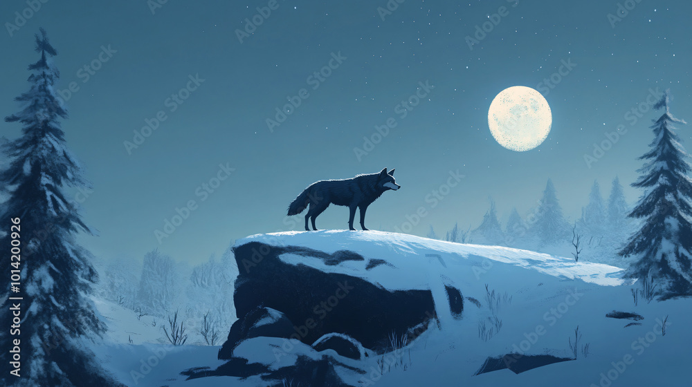 A serene landscape featuring a lone wolf on a snowy hill A serene landscape featuring a lone wolf on a snowy hill