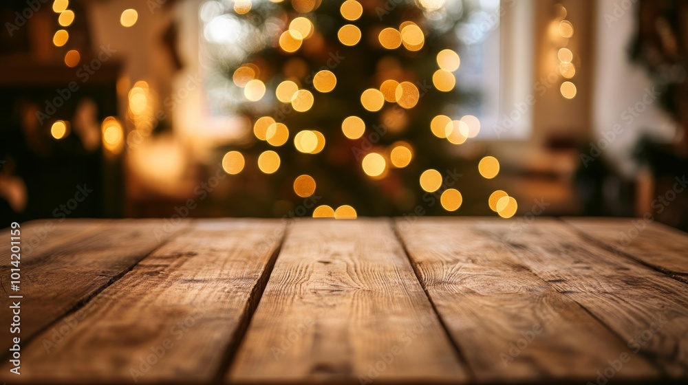 A cozy wooden table with blurred Christmas tree lights creating a warm atmosphere in a charming room during the holiday season A cozy wooden table with blurred Christmas tree lights creating a warm atmosphere in a charming room during the holiday season