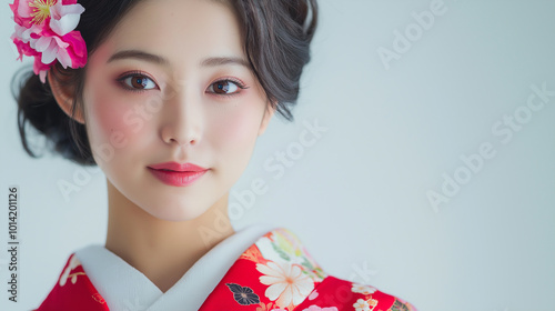 着物姿の笑顔の若い日本人女性 photo