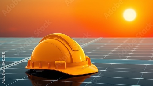 A yellow safety helmet sits atop a solar cell panel against a warm orange sky at sunrise, with photo