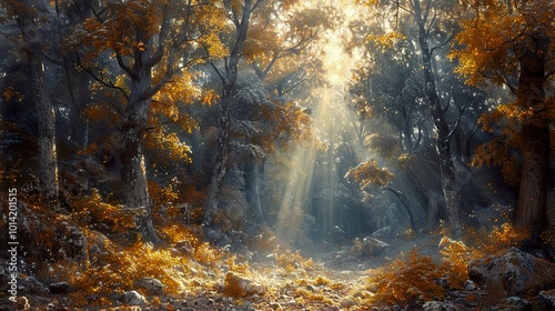 Golden Sunlight Through Autumn Forest - Nature Photography