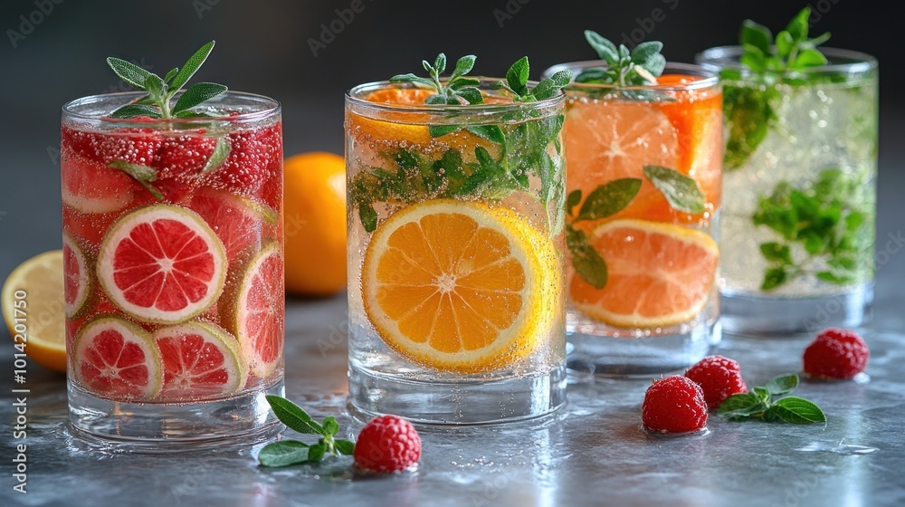 Refreshing fruit-infused drinks with herbs in clear glasses. Refreshing fruit-infused drinks with herbs in clear glasses.
