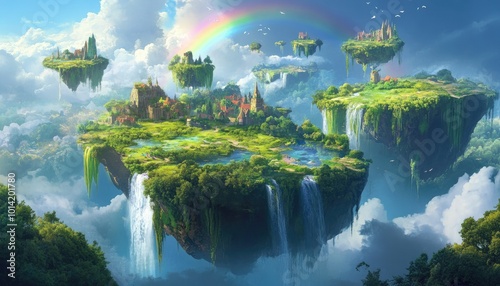 A fantasy landscape with multiple floating islands, waterfalls, and a rainbow in the sky.