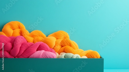 A playful mix of neoncolored yarns spilling out of a craft box, artistic chaos, vibrant color explosion, fun and energetic atmosphere photo