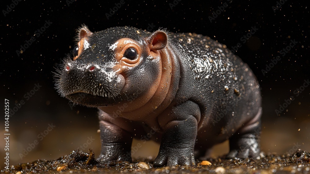 Adorable baby hippo exploring its muddy habitat Adorable baby hippo exploring its muddy habitat