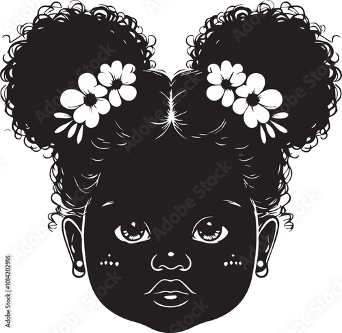 American Baby Head Vector, Black Brown African American little small girl outline face portrait,Two puffs ponytails with flowers on her head.