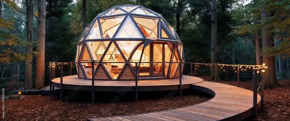 modern, geodesic dome cabin nestled in a dense forest setting. The structure features a unique geometric design with triangular glass panels and a metallic frame modern, geodesic dome cabin nestled in a dense forest setting. The structure features a unique geometric design with triangular glass panels and a metallic frame