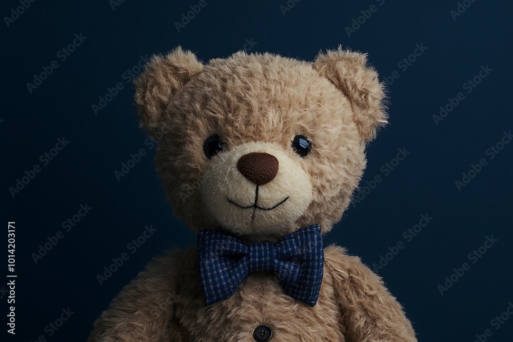 A Plush Teddy Bear with a Blue Bow Tie Against a Dark Blue Background A Plush Teddy Bear with a Blue Bow Tie Against a Dark Blue Background