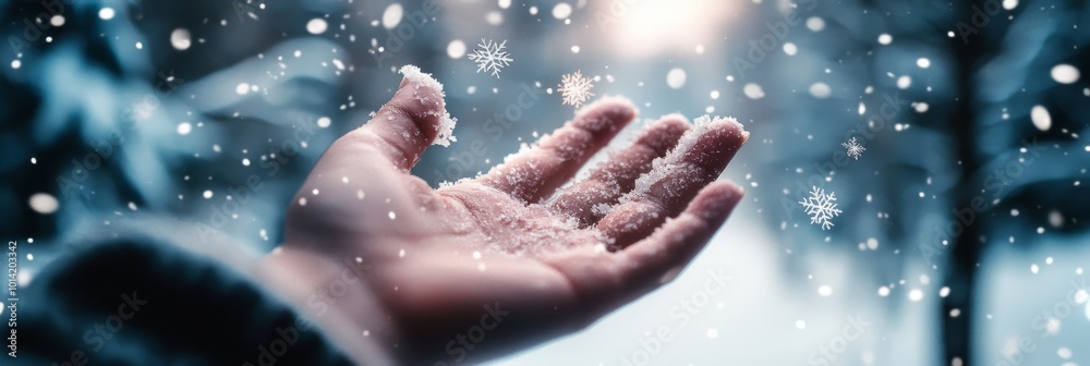 Fototapeta premium A gently expectant hand trying to catch a snowflake against a dreamy winter backdrop. Blurred trees and soft light evoke a sense of tranquility, highlighting the quiet beauty of nature on a snowy day.