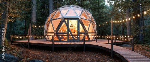  modern, geodesic dome cabin nestled in a dense forest setting. The structure features a unique geometric design with triangular glass panels and a metallic frame