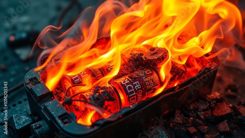 Scorched metal and plastic encasement crackles with intense heat and flames erupt from smoking, mangled battery cells,