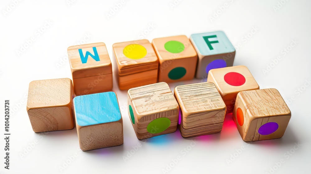 Softly glowing wooden blocks with rounded edges and vibrant colored accents, arranged in a whimsical pattern on a Softly glowing wooden blocks with rounded edges and vibrant colored accents, arranged in a whimsical pattern on a