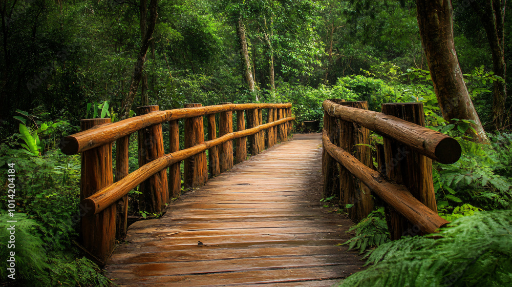 A scenic wooden bridge winding through a lush forest A scenic wooden bridge winding through a lush forest