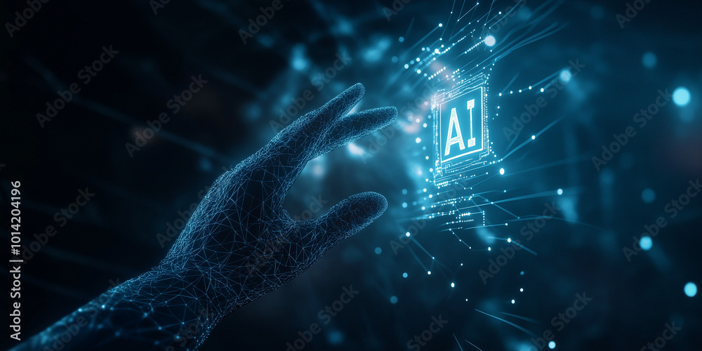 Generative ai. Futuristic hand reaching, glowing AI symbol, digital particles, blue technological background, neural network visualization, abstract digital concept, cybernetic interface Generative ai. Futuristic hand reaching, glowing AI symbol, digital particles, blue technological background, neural network visualization, abstract digital concept, cybernetic interface