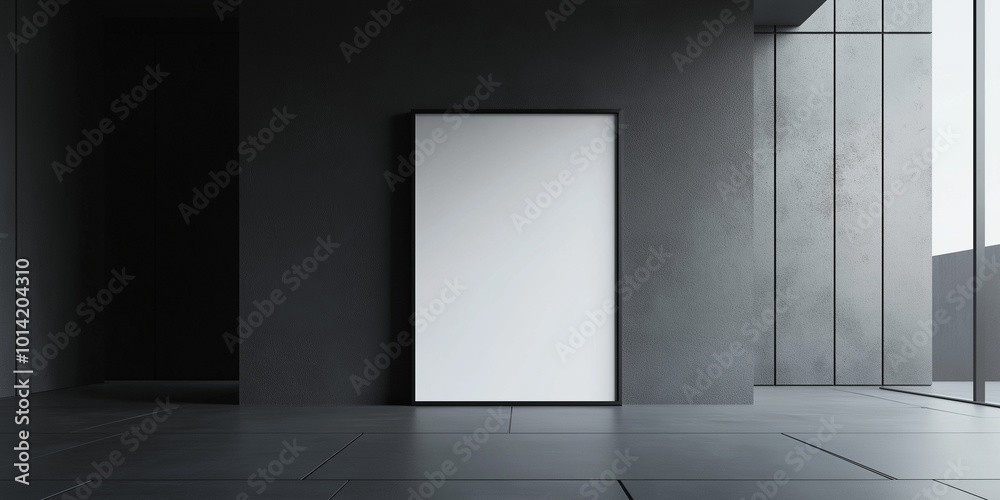 Generative ai. Minimalist gallery space, blank white canvas, concrete floor, dramatic lighting, industrial loft, empty exhibition, geometric composition, monochromatic palette, stark contrast