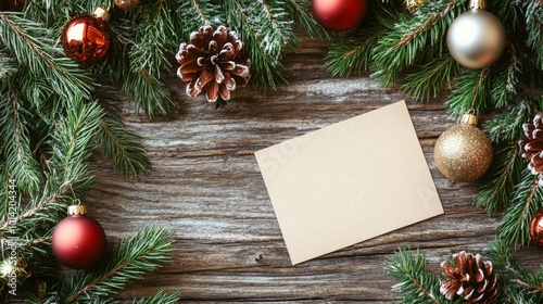 A blank card rests amidst festive Christmas tree branches and ornaments on a rustic wooden surface during the holiday season