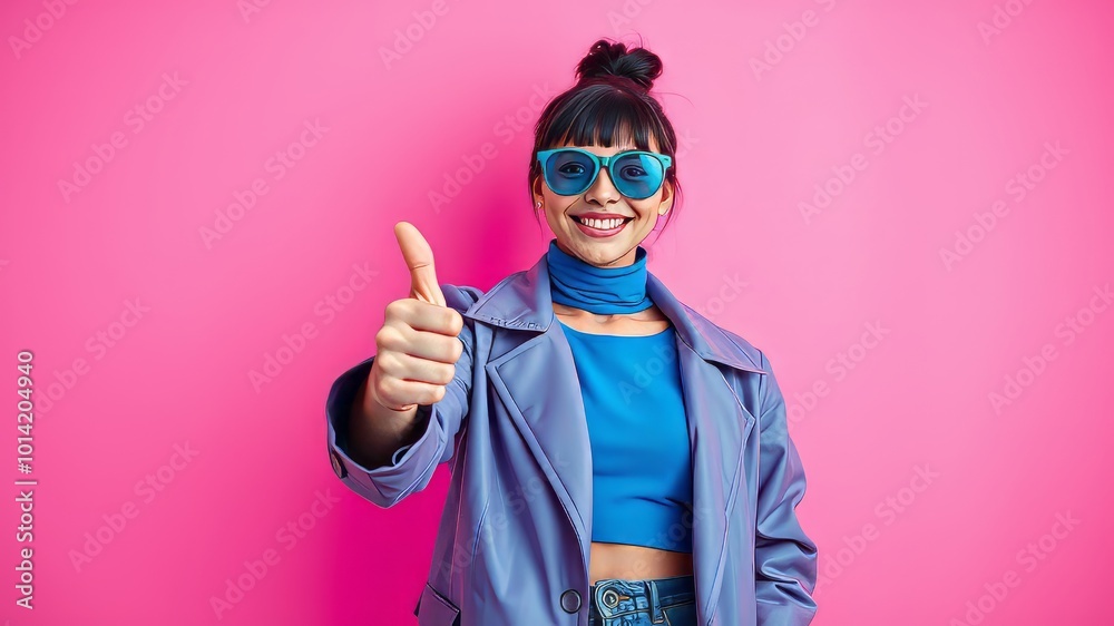 Vibrant pink background features a youthful fashionista clad in trendy blue attire, raising a thumb in a joyful Vibrant pink background features a youthful fashionista clad in trendy blue attire, raising a thumb in a joyful