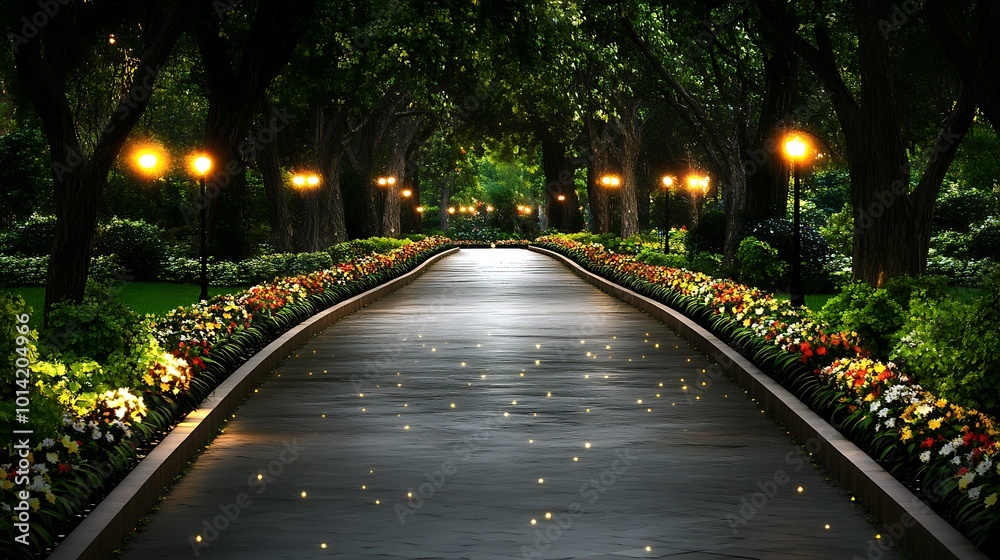 Illuminated Pathway Through a Garden at Dusk Illuminated Pathway Through a Garden at Dusk