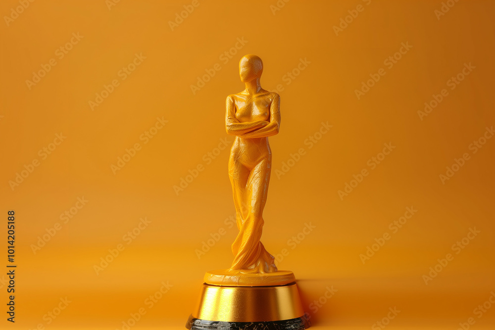 Golden Trophy in the Shape of a Stylized Human Figure on a Vibrant Orange Background, Reflecting Success and Achievement