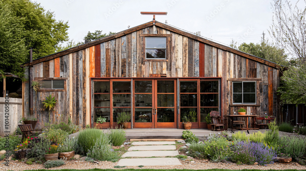 A rustic facade made of reclaimed wood