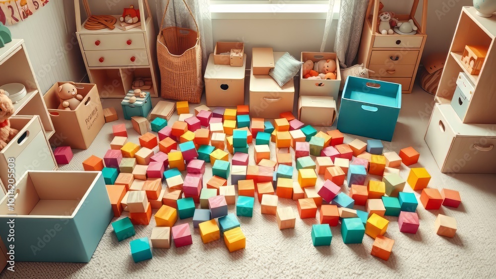 Vibrant wooden blocks in soothing colors scattered across the floor, surrounded by a mess of creative construction,