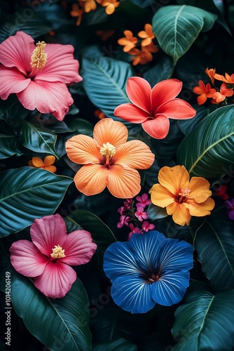 Vibrant hibiscus flowers and lush green leaves in a tropical setting.